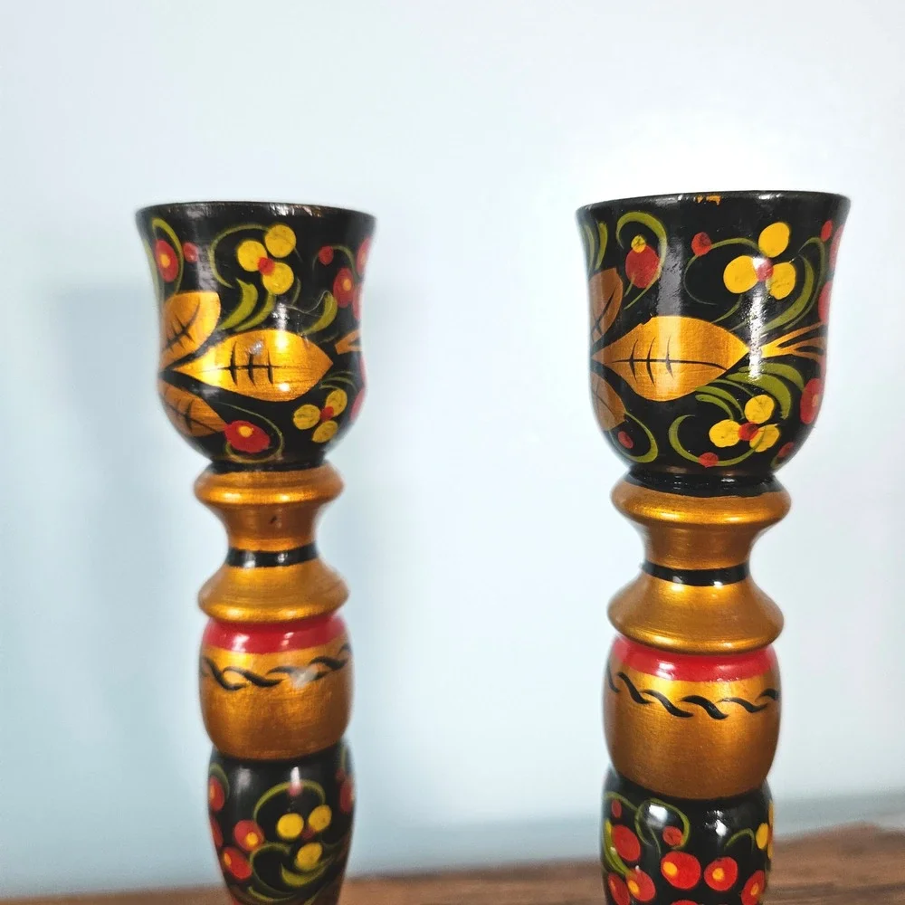 Vtg Russian Khokhloma Hand Painted Wood Candle Holders Sticks Set 2 Black Gold